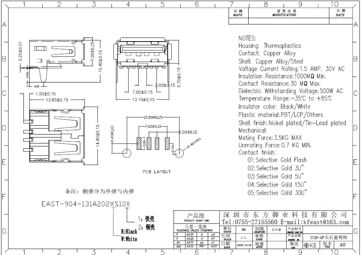USB 2.0 AF無后蓋直腳有邊內彈鐵殼T型SMT